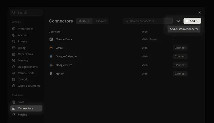 Claude settings, Connectors, the Add menu open on Add custom connector